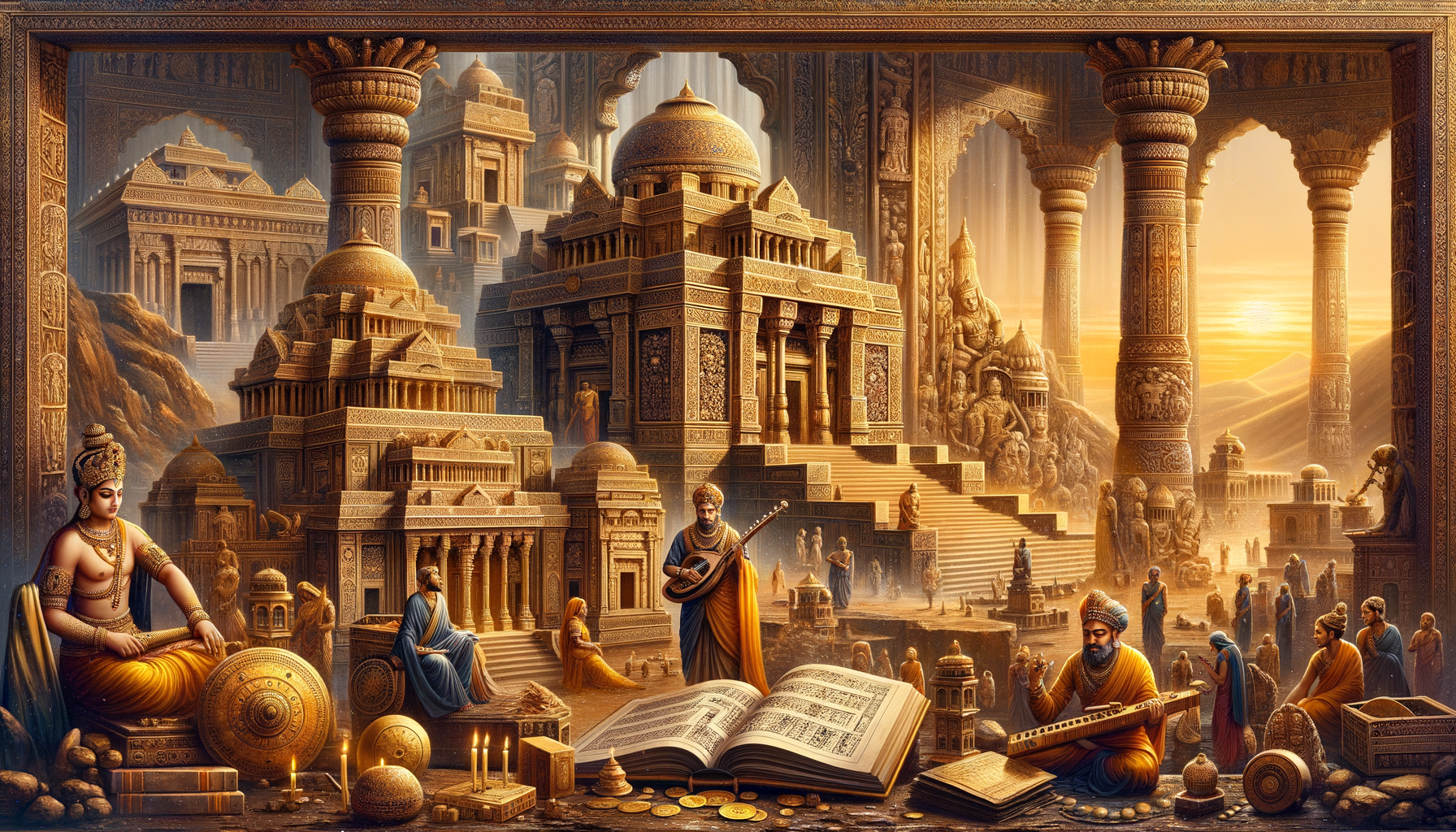 Bronze Buddha statue with intricate gold ornaments, mathematical instruments, and illuminated manuscripts in scholarly academy