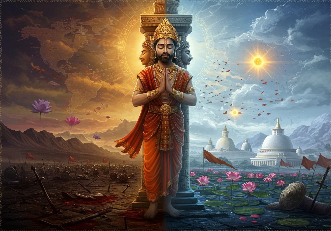 King Ashoka seated on throne with inscribed stone pillars bearing edicts, elephants flanking the king in royal court of ancient palace