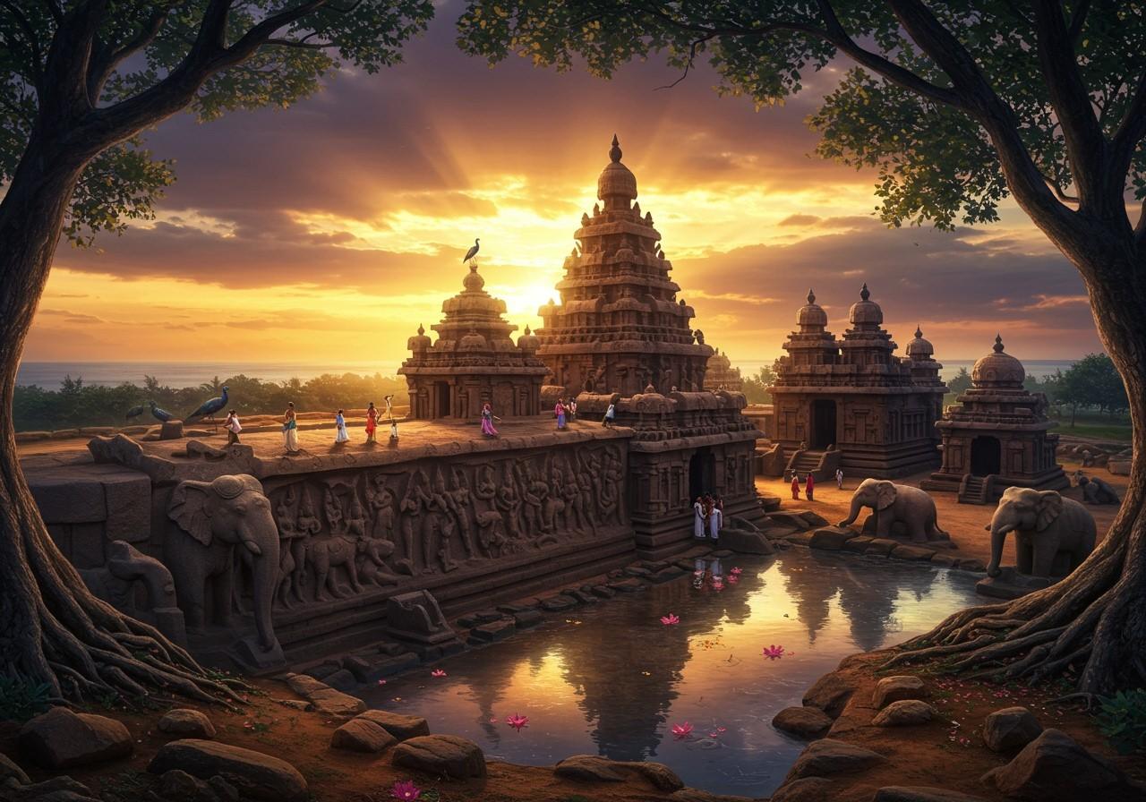 Panoramic view of Indian subcontinent with ancient structures including pyramids, temples, and palaces blending past and present in mystical atmosphere with golden sunset