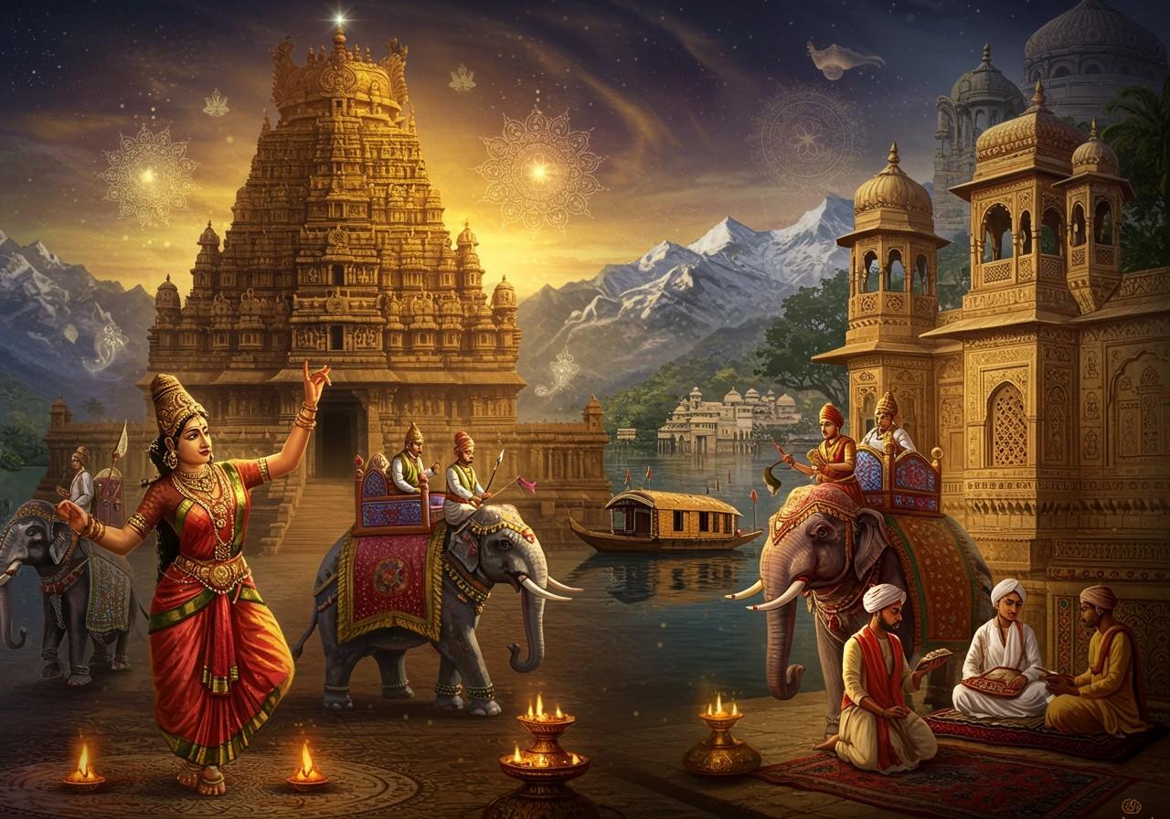 Fortress walls with watchtowers, armored warriors on horseback, ornate temples with detailed carvings in medieval Indian architecture