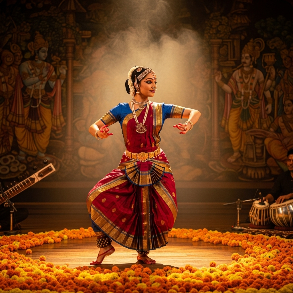 Bharatanatyam dancer in traditional costume performing