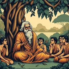 Wooden chariot with Vedic priest performing ritual with fire altar, sacred cows, and ancient scrolls in traditional settlement