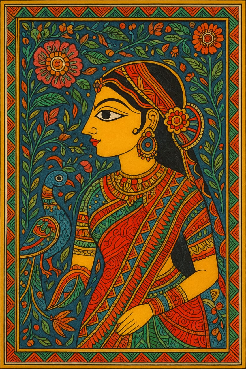 Colorful Madhubani painting with intricate patterns