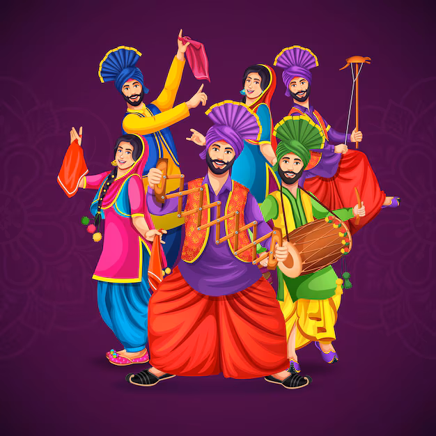 Group performing energetic Bhangra dance in colorful attire