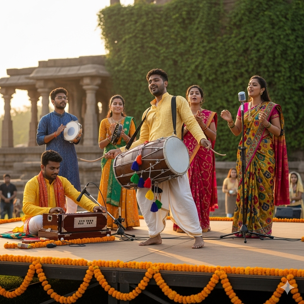 Group performing Indian folk music with dhol and singing