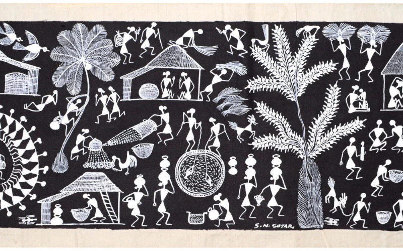 Warli tribal art showing human figures and animals in white on dark background